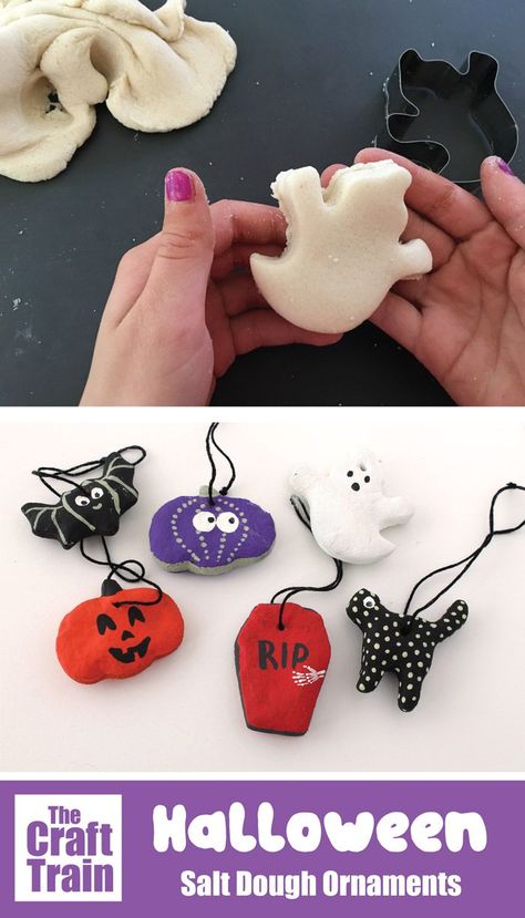 Halloween Salt Dough Ornaments. This is a fun and easy Halloween craft for kids of all ages. Your finished Halloween ornaments can be hung on bare branches as Halloween decorations. Basic salt dough recipe included.  #saltdough #halloween #halloweencrafts #kidshalloween #halloweencrafts #kidscrafts #kidsactivities #thecrafttrain Halloween Salt Dough Ornaments, Halloween Salt Dough Crafts, Salt Ornaments, Dough Decorations, Halloween Ornaments Diy, Vermont Trip, Dough Crafts, Halloween Street, Dough Ideas