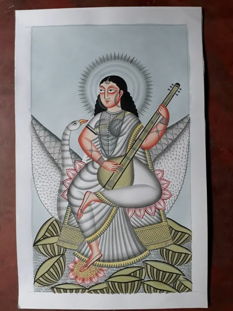 Traditional Kalighat painting to buy this Indian artwork you can call/whats App/wechat on +91 7045 640 740 Kalighat Paintings Folk, Bengal Painting, Bengali Folk Art, Saraswati Art, Meenakari Painting, Kalighat Paintings, Kali Temple, Saraswati Painting, Saraswati Picture