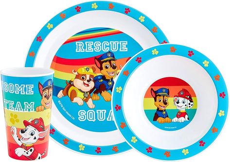 PAW Patrol Kids Tableware Set – 3 Piece Reusable PP Plate, Bowl & Cup Set for Children – Skye, Chase, Marshall, Rubble Tumbler & Dinnerware Set for Mealtimes – for 24 Months & Up : Amazon.co.uk: Home & Kitchen Paw Patrol Gifts, Dishwasher Cleaning, Paw Patrol Rescue, Rescue Team, Clean Dishwasher, Cup Set, Rainbow Design, Tableware Set, Dinner Sets