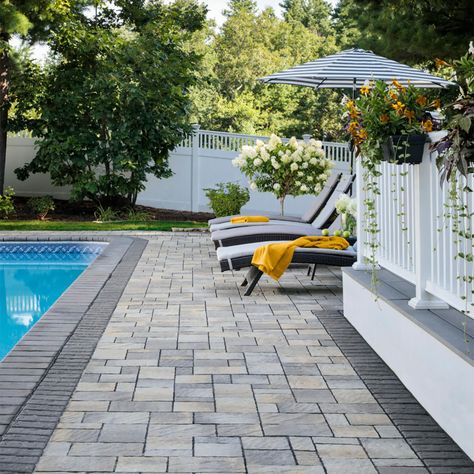 Grey Pavers Patio, Belgard Pavers Patio Design Inspiration, Grey Pavers, Paver Deck, Belgard Pavers, Pool Pavers, Patio Pavers Design, Backyard Plants, Construction Design