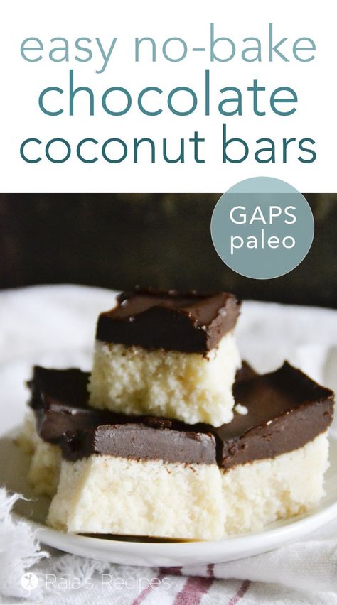 Paleo Chocolate Coconut Bars :: GAPS-friendly, refined-sugar free. Chocolate Coconut Bars, Chocolate Splash, Coconut Bar, Coconut Chocolate Bars, Cadbury Eggs, Homemade Stuff, Coconut Bars, Gluten Free Desserts Recipes, Paleo Chocolate