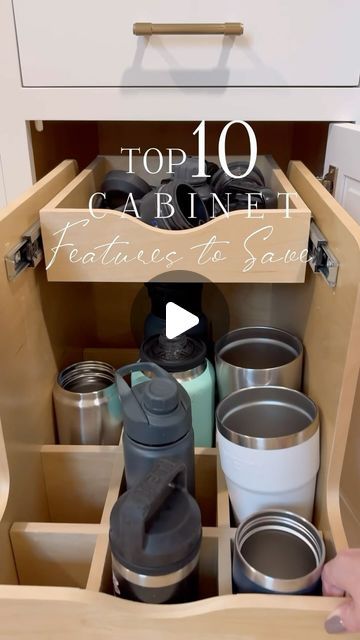 Ally • Sharing inspo to renovate & redecorate on Instagram: "SAVE THIS NOW…before you forget 🫶🏻. And if you want hardware links, just comment HARDWARE! ‼️🚨BUT FOLLOW FIRST🚨‼️ or IG blocks the link!  I thought long and hard about what I wanted on the INSIDES of my cabinets 🤔 🧐. Here are my top 10 picks that I highly recommend!  1.  Water bottle storage.  Yep, between shake cups and water bottles, we have a lot of cups!  This is one of my most requested links…you can add it to existing cabinets too, so comment WATER for the link!  2.  White oak shelving with a glass cabinet door.  Need I say more? 😍 Comment PLATES for the plate link! 3.  Hidden island outlets.  This is a controversial one!  These are not our everyday outlets and we have a 360 degree island that is used on all 4 sides, Kitchen Island Outlets, Island Outlets, Oak Shelving, Beige Kitchen Cabinets, Shake Cup, Island Storage, Water Bottle Organization, Glass Cabinet Door, Water Bottle Storage