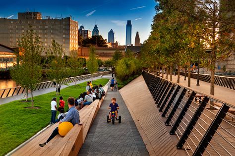 Philadelphia's Race Street Pier - http://www.visitphilly.com/museums-attractions/philadelphia/race-street-pier/# Race Street Pier, Philadelphia Magic Gardens, Walkable City, Philadelphia Skyline, Urban Landscape Design, Urban Park, Street Furniture, Urban Landscape, City Skyline