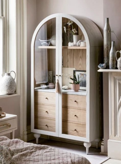 Arches are the big trend in home decor and this wood cabinet is the cutest! Great for storage and displaying all your decor or treasures. Available in black, white, gray and natural Retro Black Arched Double Door Solid Wood Bookcase American Color Matching Glass Storage Cabinet Sideboard Cabinet Living room, bedroom, bathroom storage Glass Storage Cabinet, Storage Closet Shelving, Locker Furniture, Bookcase With Glass Doors, Anthropologie Home, Cabinet Glass, Powder Room Design, Cabinet Style, Wood Bookcase