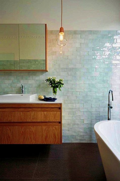 Glazed Tile Bathroom, Glass Tile Bathroom, Best Bathroom Flooring, Bathroom Tile Inspiration, Modern Bathroom Tile, Scandinavian Bathroom, Beach Bathroom Decor, Wooden Vanity, Floor Tile Design