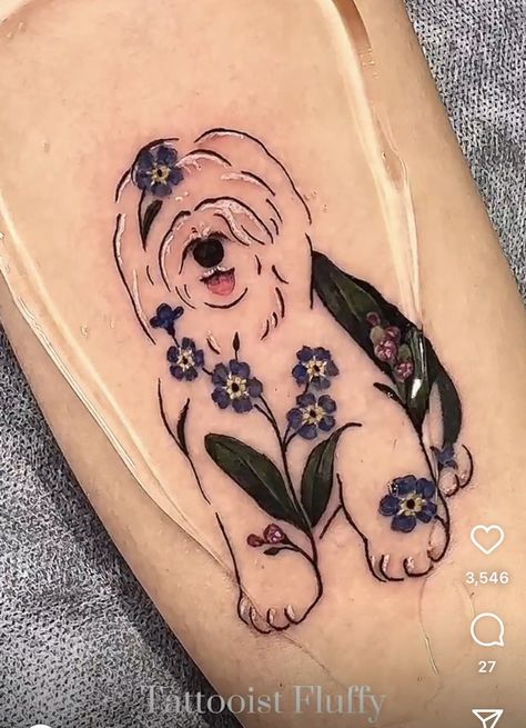 Cute floral dog tattoo Flower Dog Tattoo, Floral Dog Tattoo, Dog Tattoo, Dog Flower, Tattoos, Photo And Video, Instagram Photo, Dogs, Floral