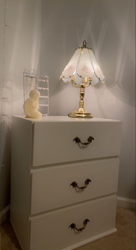 Small Dresser Aesthetic, Coquette Nightstand, Coquette Dresser, Coquette House, Dresser Aesthetic, Nightstand Aesthetic, Dresser Lamp, Coquette Bedroom, Simple Nightstand