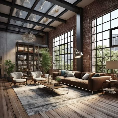 Loft Living Room Ideas, Urban Loft Living Room, Loft Apartment Industrial, Industrial Chic Interior, Loft Living Room, Urban Rooms, Industrial Living Room, Warehouse Living, Idea Bedroom