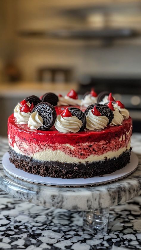 Red Velvet Oreo Cheesecake recipe Cheese Cakes For Birthday, Red Velvet Oreo Cheesecake, Layered Cheesecake, Cheesecake Delight, Oreo Cheesecake Recipe, Layer Cheesecake, Red Velvet Oreo, Oreo Cheesecake Recipes, Rich Cheesecake