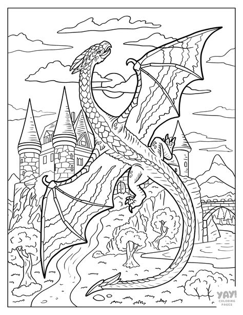 Dragon coloring page for adults Game Of Thrones Coloring Pages, Dragon Coloring Pages Free Printable, Dragon Coloring Pages For Adults, Dragons Coloring Pages, Dragons Cute, Dragon With Wings, Relaxing Coloring Pages, Realistic Dragon, Chinese Dragons