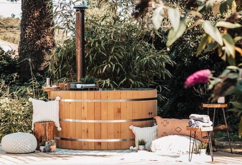 The Best Wood-Fired Hot Tubs for Soaking Your Cares Away | Fatherly Wood Burning Hot Tub, Wood Fired Hot Tub, Cedar Hot Tub, Diy Hot Tub, Cedar Cladding, Lake Houses, Hot Tub Backyard, Prefab Cabins, Deep Soaking Tub