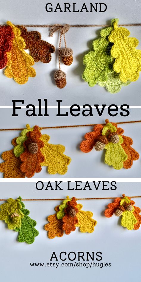 Crochet Autumn Leaf Garland, Knitted Fall Decor, Crochet Leaf Wall Hanging, Bunting Crochet Patterns Free, Autumn Crochet Wreath, Autumn Garland Crochet, Autumn Leaf Crochet, Crochet Autumn Garland, Crochet Fall Garland Patterns Free