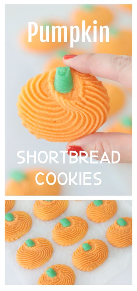 Pumpkin Roll Out Cookies, Fall Shortbread Cookie Recipe, Piped Shortbread Cookies, Halloween Shortbread, Pumpkin Shortbread, Candy Cookie Cake, Danish Cookies, Whipped Pumpkin, Halloween Cookie Recipes