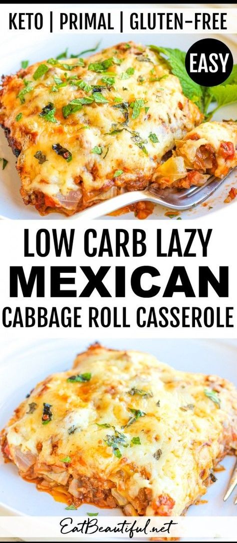 Easy Low Carb Mexican Lazy Cabbage Roll Casserole is a delicious, satisfying meal with just 20 minutes of prep time! Keto, Gluten-free with Whole30, Paleo easy variation. | Eat Beautiful || #healthyrecipes #casseroles #lowcarb #ketogenicdiet #ketogenic #keto #ketodiet #ketorecipes #ketomeal #mexican Mexican Cabbage Casserole, Lazy Cabbage Roll Casserole, Mexican Cabbage, Homemade Takeout, Lazy Cabbage Rolls, Paleo Easy, Keto Italian, Eat Beautiful, Cabbage Roll Casserole