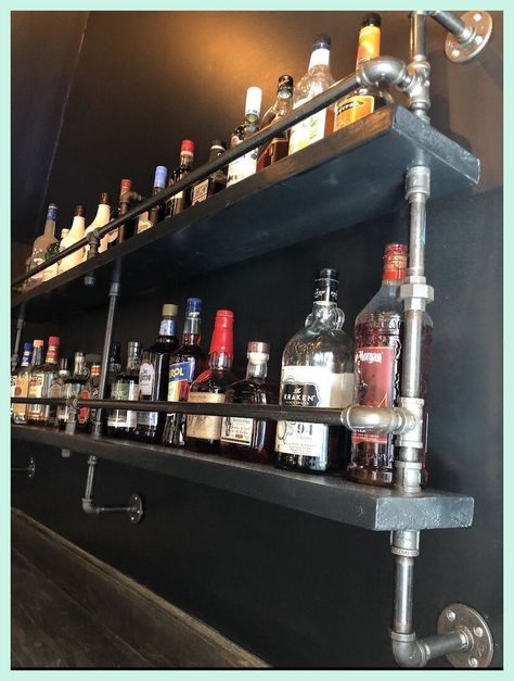 Bin Bar, Garage Bar Ideas, Rustic Basement Bar, Regal Industrial, Shelving Wall, Liquor Shelf, Rustic Basement, Home Bar Rooms, Basement Bar Designs