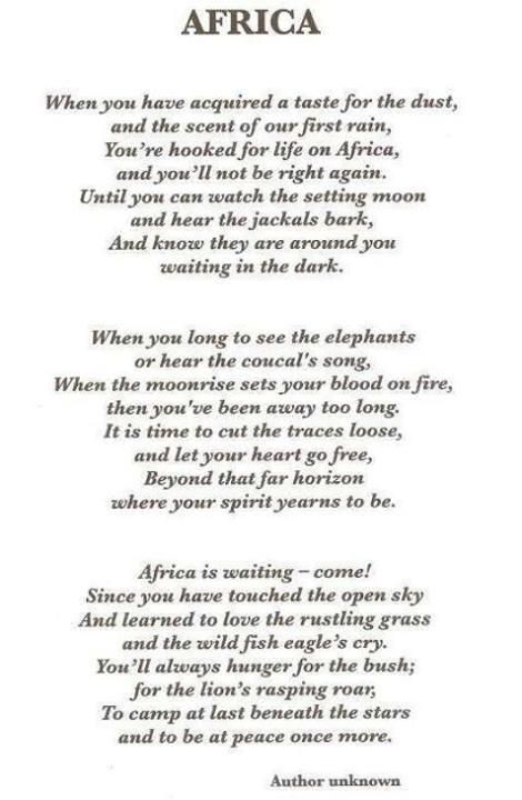 Whereever yo uare in teh world, once the dust of Africa seeps into your blood, you'll always hear the call of this magnificent continent. African Poems, Africa Quotes, African Quotes, Amazing Scenery, African Proverb, Poems Beautiful, Out Of Africa, African Safari, Beautiful Country