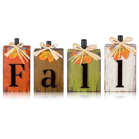 PRICES MAY VARY. Welcome Fall with Elegant Decorations: elevate your space with our rustic yet charming fall wood block decorations, crafted to spell out [fall], each of the four wooden blocks is adorned with a twine bow and a maple leaf, the laminated letters lend a 3D effect, adding a layer of depth, with their natural textures and warm colors, these beautiful decorations are ideal to imbue any room with warmth and charm Ideally Sized for Display: the different dimensions of fall decor add dep Wooden Fall Decor, Wood Blocks Diy, Table Decor Farmhouse, Fall Wood Crafts, Fall Centerpieces, Fall Tiered Tray Decor, Thanksgiving Harvest, Rustic Pumpkin, Autumn Decoration