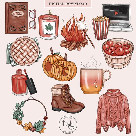 Printable Movie Night Decorations, November Aesthetic Cozy, Fall Stickers Aesthetic, Overlays Web, Hand Wreath, Sweater Drawing, Tea Evening, Tea Stickers, Fall Icons