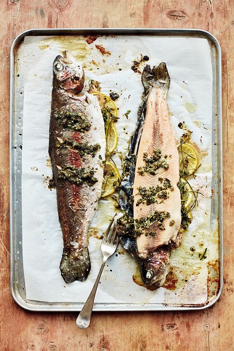 Comforting memories create comforting food. Our son Thomas loves fishing and one of the very first fish he caught, when he was about ten years old, was a sea trout. He was so very proud and we cooked the fish fresh from the sea. This also works well with sea bass. Caper Butter, Baked Trout, Trout Recipe, Pork Kebabs, Caper Berries, Mary Berry Recipes, Comforting Food, Mary Berry Recipe, Sea Trout