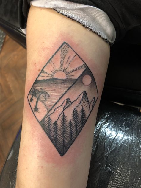 Tattoo palm trees, mountains Palm Trees And Mountains Tattoo, Mountain And Palm Tree Tattoo, Sunrise Tattoo, Anniversary Tattoo, Phönix Tattoo, Pine Tree Tattoo, Palm Tattoos, Triangle Tattoos, Polynesian Tattoo Designs