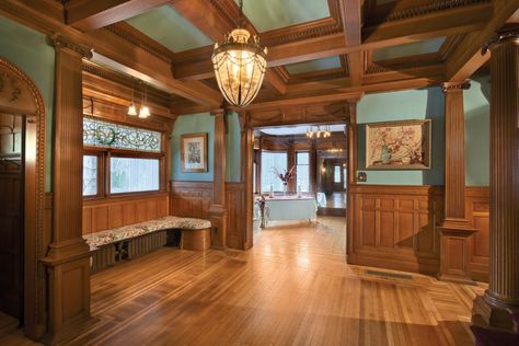 Love this wall color. Craftsman Interior Design, Craftsman Interiors, Craftsman Home Interiors, Arts And Crafts Interiors, Craftsman Interior, Craftsman Bungalows, Craftsmen Homes, Craftsman House, Mahogany Wood