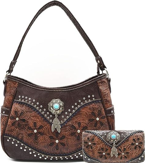 Tooled Leather Floral Laser Cut Flower Feather Purse Studs Country Western Handbag Women Shoulder Bag Trifold Wallet Set Feather Purse, Western Style Purse, Laser Cut Flower, Western Handbags, Concealed Carry Purse, Western Purses, Leather Floral, Women Shoulder Bag, Purse Crossbody