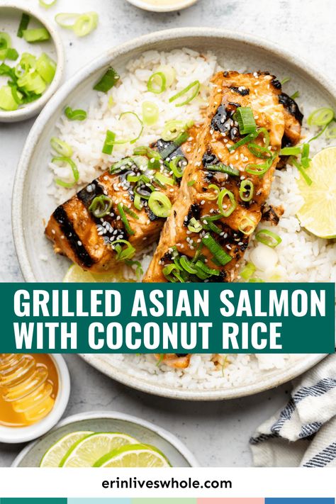 Salmon With Coconut Rice, Coconut Milk Rice, Asian Salmon, Delicious Salmon Recipes, Salmon Soy Sauce, Salmon And Rice, Pescatarian Recipes, Coconut Rice, Coconut Recipes