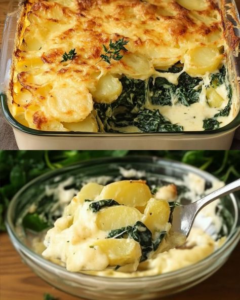 Cheesy Spinach and Potato Breakfast Bake Potato Spinach Egg Casserole, Cheesy Spinach Potato Egg Casserole, Potatoes With Spinach And Eggs, Potato And Spinach Bake, Egg Potato Bake, Creamy Vegetable Bake, Spinach Potato Recipes, Potatoes And Spinach Recipes, Potato Spinach Casserole