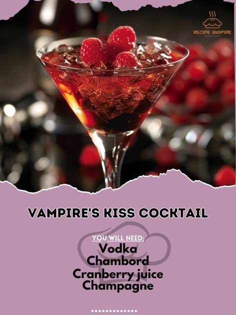 🧛‍♂️ Embrace the dark allure of the Vampire's Kiss Cocktail! #VampiresKiss #SpookySips Vampire's Kiss Cocktail Ingredients: Vodka (1 oz) Chambord (1 oz) Cranberry juice (2 oz) Champagne (to top) Ice (as needed) Raspberry (for garnish) Instructions: Fill a glass with ice. Add vodka, Chambord, and cranberry juice. Stir gently. Top with champagne. Garnish with a raspberry. Indulge in this enchanting and eerie cocktail perfect for a spooky night! 🍷🕸️ #HalloweenDrinks #DarkCocktails Vampire Kiss, Yummy Alcoholic Drinks, Cocktail Ingredients, Halloween Drinks, Wedding Drink, Cranberry Juice, Holiday Drinks, Cocktail Hour, Cocktail Drinks