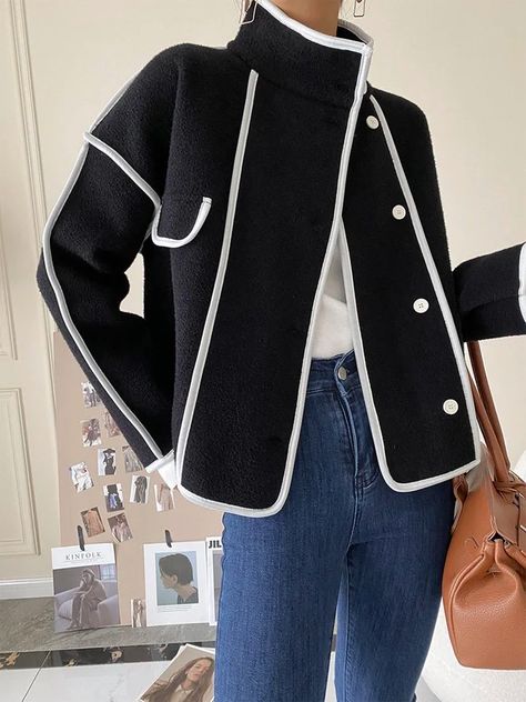 Color Block Loose Urban Long Sleeve Jacket | stylewe Mode Mantel, Ladies Short Jackets, Cropped Coat, Velvet Coat, Single Breasted Coat, Casual Cardigans, Long Sleeves Coats, Contrast Collar, Moda Vintage