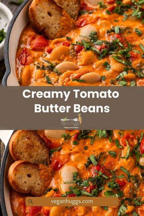 These Creamy Tomato Butter Beans are easy to make and ready in just 30 minutes! This cozy, comforting dish is packed with rustic flavors and makes a perfect appetizer, side, or main meal. Pair it with a loaf of crusty bread for the ultimate satisfying meal! #TomatoButterBeans #ComfortFood #QuickAndEasy #RusticFlavors #30MinuteMeals #CozyMeals #VeganRecipes #SimpleDishes #PlantBasedEats #VeganComfortFood Butter Beans And Tomatoes, Tuscan Butter Beans, Butter Beans Recipes, Marinated Butter Beans, Butterbean's Recipes, Vegan Butter Beans, Canned Butter Beans Recipe, Marry Me Butter Beans, Butterbean Recipes