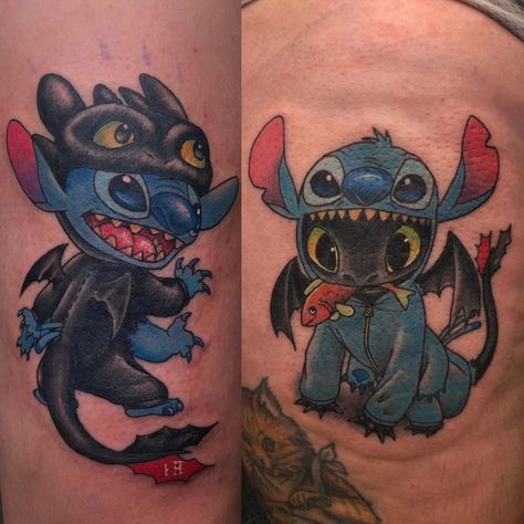 Teddy Bear Stitch Tattoo, Lelo And Stitch Tattoo Ideas, Toothless And Stitch Tattoo, Stitch Matching Tattoos, Stitch And Toothless Tattoo, Toothless Tattoo, Disney Stitch Tattoo, Lilo And Stitch Tattoo, Toothless And Stitch