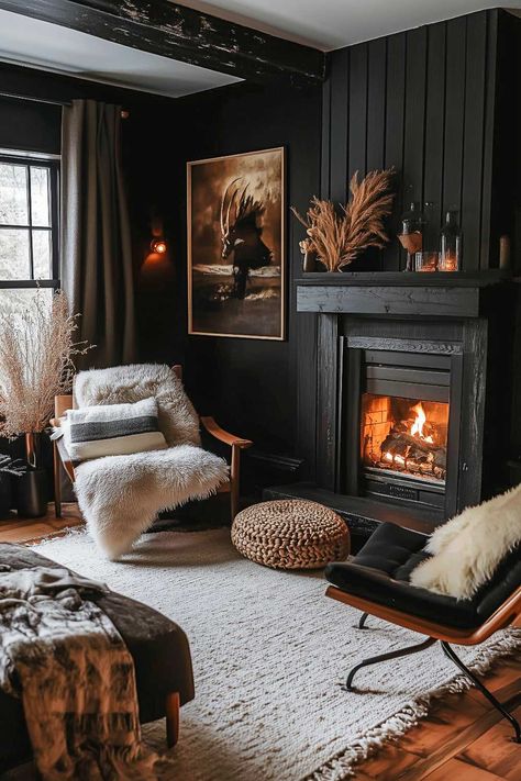 50+ Masculine Cozy Living Room Inspirations With Character & Class Dark Industrial Living Room, Dark Earthy Living Room, Small Cozy House, Masculine Living Rooms, Layered Lighting, Earthy Living Room, Earthy Hues, Industrial Livingroom, Dark Walls