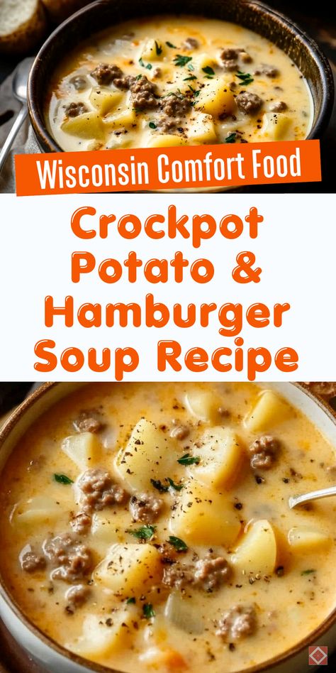 Cozy up with a bowl of creamy potato and hamburger soup! This crockpot recipe is a Wisconsin favorite, combining hearty flavors with simple, slow-cooked comfort. Save this pin for an easy soup idea that’s perfect for cold-weather meals! Crockpot Creamy Potatoes Hamburger Soup, Beef Potato Soup Crockpot, Crockpot Cheeseburger Potato Soup, Slow Cooker Recipes Hamburger Meat, Crockpot Hamburger And Potato Soup, Crockpot Soup With Hamburger Meat, Crockpot Recipes Using Hamburger, Crock Pot Hamburger Meals, Best Cold Weather Soup