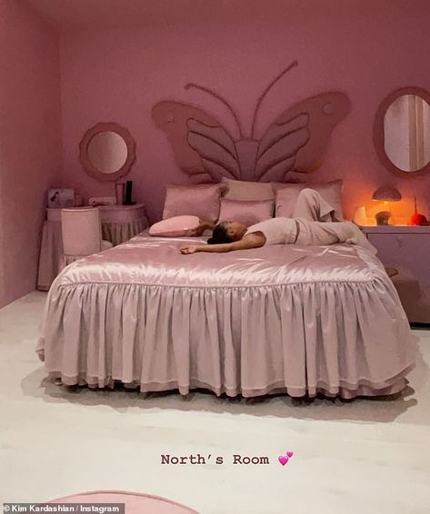 Kim Kardashian shows off daughter North's pink butterfly-themed room on social media | Daily Mail Online Butterfly Room Decor, Kim House, Jenner Kids, Butterfly Room, Earthship Home, Hidden Hills, Satin Bedding, Themed Room, Daughters Room