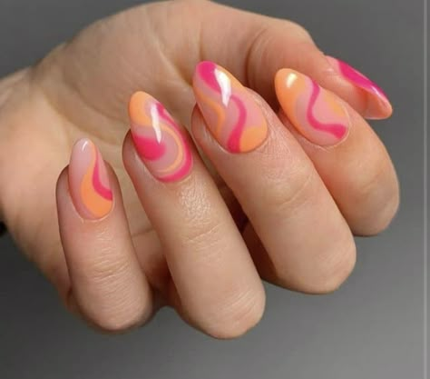 Almond Nails Pink, Fun Nail Designs, Pink Summer Nails, Orange Nail Designs, Orange Nail, Tropical Nails, Simple Gel Nails, Simple Acrylic Nails, Almond Acrylic Nails