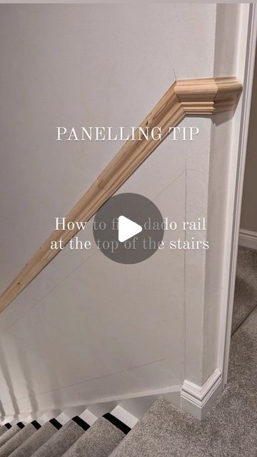 @at_home_with_betty on Instagram: "Stair Panelling Tips - How to fit a dado rail at the top of the stairs   This was my first stumbling block when I started the process of panelling our stairs. I initially cut the dado rail right to the edge of the wall and found that I couldn't then get the connecting horizontal piece to fit 🤦‍♀️  After giving it some thought I realised that this was the only way to get around the problem!  The same solution will apply to the panels underneath the dado rail, a job which is on my list for the next few days.  (To some this might be obvious but it had me completely stumped so hopefully it might help others taking on the same project!)  Follow for more tips and to follow our renovation journey ✨ . . . . #stairpanelling #howtopanel #panellingtips #dadorail #h Staircase With No Railing, Wall Paneling Up The Stairs, Diy Staircase Wall Makeover, Chair Rail Staircase, Diy Stair Paneling, Dado Rail Staircase, Stairwell Ledge Decor, Dado Rail Stairs, Panelling Around Windows