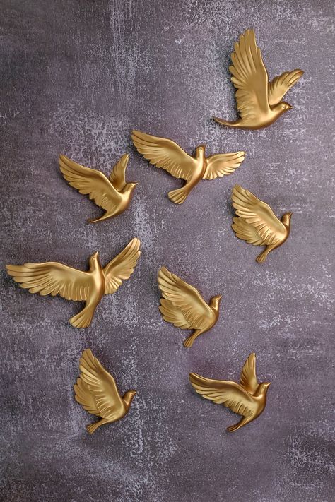 Spring Birds Wall Decor in Gold Birds On Wall Decor, Wall Birds Decor, Bird Themed Room Decor, Fake Birds Decor, Bird Interior Design, Decor Items For Living Room, Birds Wall Decor, Freedom And Peace, Metal Bird Wall Art