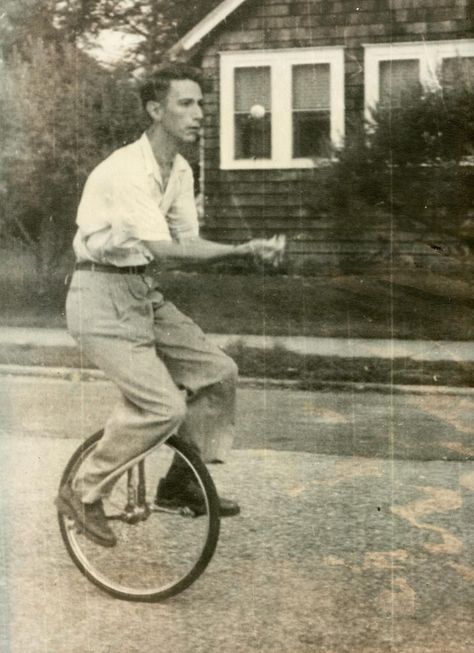 Claude Shannon was famous for riding the unicycle around the halls of Bell labs at night, juggling. (Video Link, for GEEKS only) Claude Shannon, Bell Labs, Information Theory, Information Age, 50's Style, Unicycle, Flow Arts, Audience Engagement, Fire Art