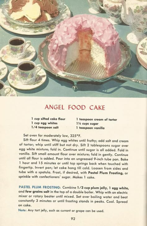 Vintage Recipes, 1950s Cakes, Angel Food Cake Vintage Lunch Recipes, Vintage Recipe Books, Vintage Recipes 1950s Grandmothers, Vintage Recipes 1950s, Vintage Dessert Recipes, Cottagecore Baking Recipes, Vintage Cake Recipes, Traditional Wife, Cottagecore Recipes