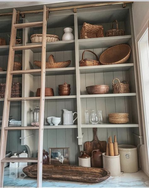 French Butlers Pantry, Cottage Pantry Ideas, Bm Oil Cloth, Pantry Color Ideas Paint, French Country Pantry, Cottage Pantry, Blue Pantry, Green Pantry, James May Homes