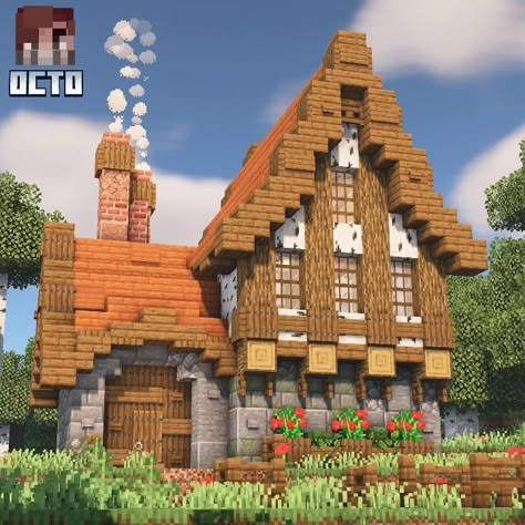 Villager Breeding House Minecraft, German House Minecraft, Minecraft Lumberjack House, Bluenerd Minecraft, Minecraft Village Square, Medium Minecraft Houses, Minecraft Medieval Barn, Midevil Minecraft Town, Minecraft Medieval Market