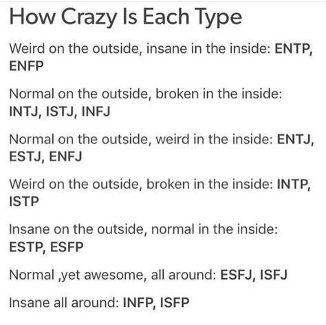 How crazy each type is Istp Personality, Infp Personality Type, Enfp Personality, Mbti Types, Intp Personality, Personality Psychology, Infj Personality Type, Intj Personality, Infp Personality