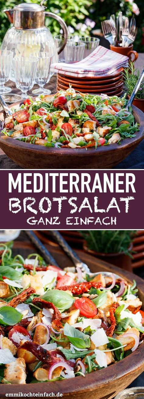 Mediterraner Brotsalat - www.emmikochteinfach.de Mediterranean Bread, Salad Cobb, Bread Salad, Makanan Diet, Idee Pasto Sano, Mediterranean Diet Recipes, How To Make Salad, Food Inspiration, Pesto