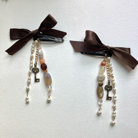 handmade brown bow beaded matching hair clips set... - Depop Beaded Bow Hair Clips, Chain Hair Clip, Beaded Clip Hair, Hair Clips Jewelry, Hijab Bow Pin, Hair Clip Jewelry, Charm Hair Clips, Dangly Hair Clips, Hair Clip Charms