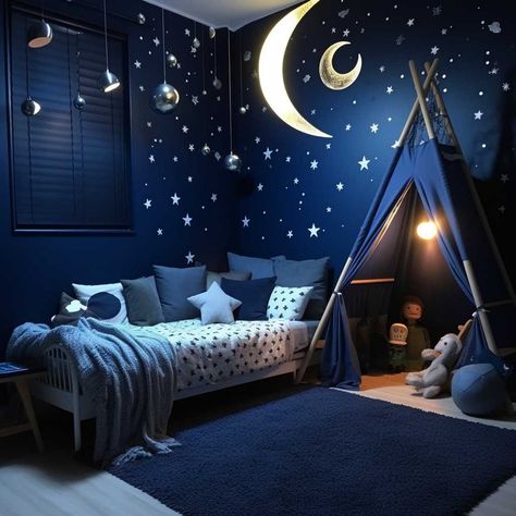 Blue Childrens Bedroom, Dark Blue Kids Room, Boys Space Bedroom Ideas, Blue Kids Bedroom, Boys Space Bedroom, Bedroom Paint Design, Room Paint Ideas, Outer Space Bedroom, Kids Bedroom Makeover