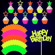 Neon Birthday Party Decorations, Neon Cupcakes, Star Cupcake Toppers, Neon Party Decorations, Neon Party Supplies, Neon Birthday Party, Balloon Glow, Glow Party Supplies, Star Cupcakes