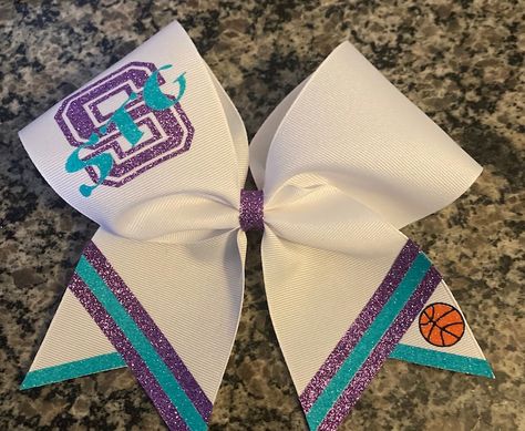 Basketball Cheer, Sideline Cheer, Basketball Cheers, School Cheer, Custom Bows, Purple And Teal, Bow Bow, Cheer Bow, Cheer Bows