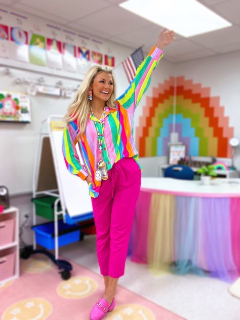 Neon Teacher Outfit, Fun Kindergarten Teacher Outfits, Funky Teaching Outfits, Colourful Teacher Outfits, Wacky Wednesday Outfit For Teachers, Bcba Outfits, Fun Office Outfits, Colorful Teacher Outfits, Fun Teacher Outfits Elementary