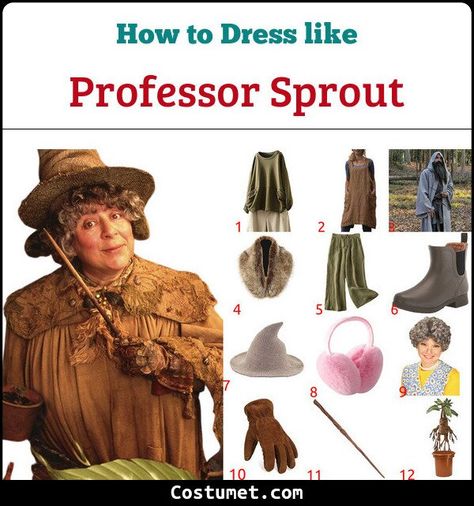 Diy Harry Potter Costumes Adults, Profesor Sprout, Pomona Sprout Costume, Harry Potter Professor Costumes, Professor Sprout Costume Diy, Adult Harry Potter Costume, Professor Sprout Costume, Easy Harry Potter Costume, Harry Potter Costumes For Women